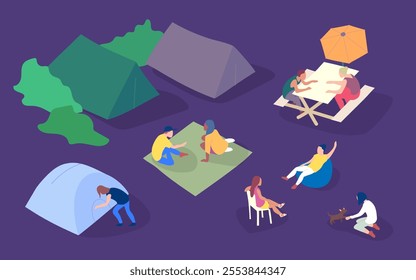 Cartoon Color Characters People on Picnic Concept Night Time Flat Design Style. Vector illustration of Outdoor Summer Leisure