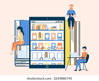 Caracteres de cor de desenhos animados Pessoas e Biblioteca Online Aplicação Educação Conceito Estilo de Design Plano. Ilustração vetorial do dispositivo de tela