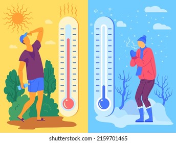 Cartoon Color Characters People With Outdoor Temperature Thermometers And Hot Or Cold Weather Concept Flat Design Style. Vector Illustration