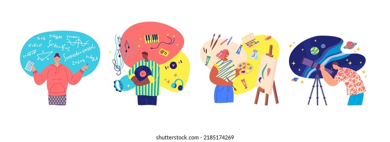 Cartoon Color Characters People and Personality Hobby Pastime Concept Flat Design Style. Vector illustration of Art and Music