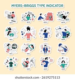 Cartoon Color Characters People Personality Types Myers Briggs Personality Test Concept Stickers Set Flat Design Style. Vector illustration of Mbti Person