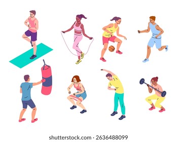 Cartoon Color Characters People and Physical Activities Concept Flat Design Style with Elements Thin Line. Vector illustration of Playing basketball, Jogging and Yoga