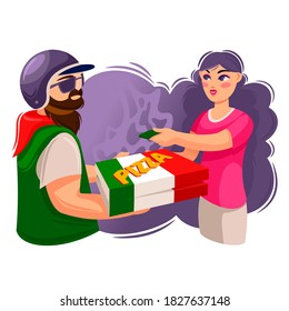 Cartoon Color Characters People and Pizza Delivery Service Concept Flat Design Style. Vector illustration of Man with Box