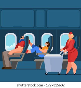 Cartoon Color Characters People and Plane Interior Inside Concept Design Style Include of Passenger and Stewardess. Vector illustration