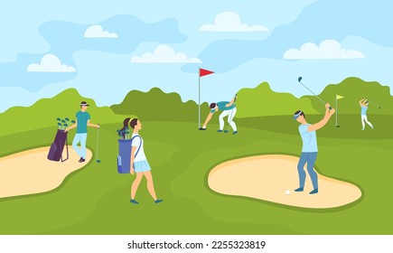 Cartoon Color Characters People Playing Golf on Course Sport Club Concept Flat Design Style . Vector illustration