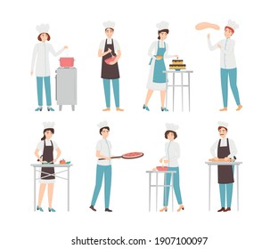 Cartoon Color Characters People Professional Cooking Set Restaurant or Catering Concept Flat Design Style. Vector illustration