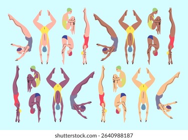Cartoon Color Characters People Professional Swimmers Different Skin Tones Concept Flat Design Style. Vector illustration of Jumpers into Pool