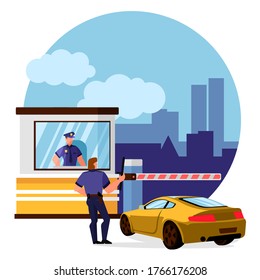 Cartoon Color Characters People and Protect Toll Booth Concept Flat Design Style. Vector illustration of Guard Check