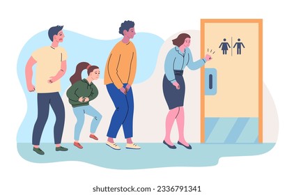Cartoon Color Characters People and Queue To Toilet. Vector illustration of Man and Woman Waiting Public Restroom