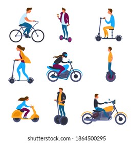 Cartoon Color Characters People Riders Male and Female Concept Set Flat Design Style. Vector illustration of Rider on Bike