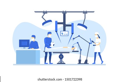 Cartoon Color Characters People Robotic Surgery Concept Flat Design Include of Surgeon, Robot and Patient. Vector illustration