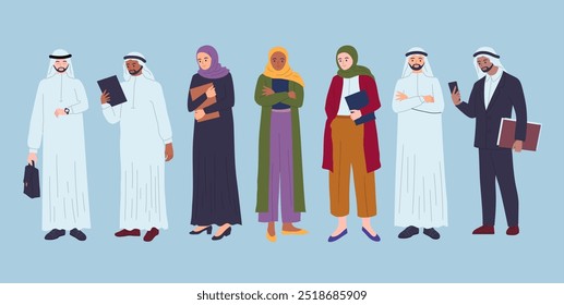 Cartoon Color Characters People Saudi Business Team Concept Standing Poses Flat Design Style. Vector illustration of Arabian Businessman and Businesswoman