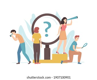 Cartoon Color Characters People and Searching Concept Flat Design Style. Vector illustration of Person hold Magnifier