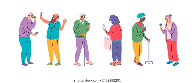 Cartoon Color Characters People Seniors Using Smartphones Sending Messages and Taking Photos Concept Flat Design Style. Vector illustration