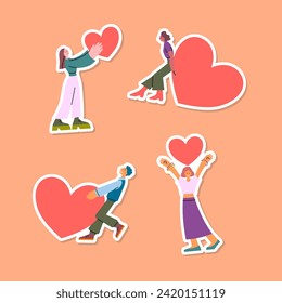 Cartoon Color Characters People Share Love Charity Sticker Support and Kindness Concept Flat Design Style. Vector illustration of Person Giving Heart