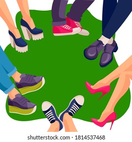 Cartoon Color Characters People Shoes on Legs Concept Flat Design Style Include of Sneaker and Slipper. Vector illustration