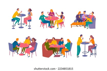 Cartoon Color Characters People Sitting at Cafe Table Concept Flat Design Style. Vector illustration of Friends Together Drinking