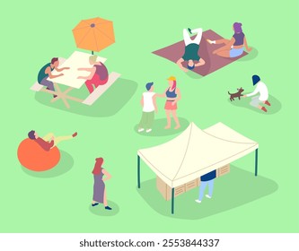 Cartoon Color Characters People Sitting on Lawn Picnic Concept Flat Design Style. Vector illustration of Outdoor Summer Leisure