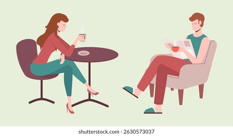 Cartoon Color Characters People Sitting and Drinking Coffee Concept Flat Design Style. Vector illustration of Person with Hot Drink