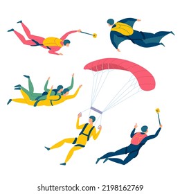 Cartoon Color Characters People Skydiving with Parachute Set Extreme Hobby Concept Flat Design Style. Vector illustration of Skydivers