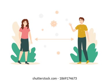 Cartoon Color Characters People and Social Distancing Concept Flat Design Style. Vector illustration of Disease and Virus Prevention