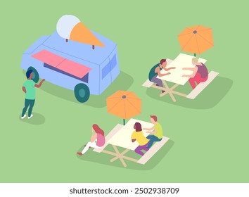 Cartoon Color Characters People at Table Picnic and Ice Cream Street Food Caravan Trailer Concept Flat Design Style. Vector illustration