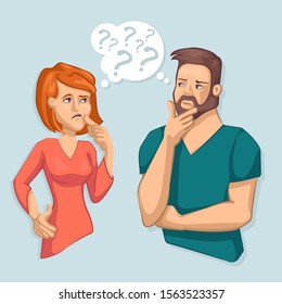 Cartoon Color Characters People Thinking Couple Concept Flat Design Include of Question Sign of Doubt. Vector illustration