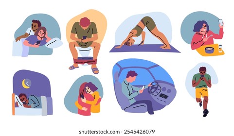 Personagens de cores de desenhos animados Pessoas que usam telefones celulares e estilo de design plano de conceito de vício de gadget. Ilustração vetorial