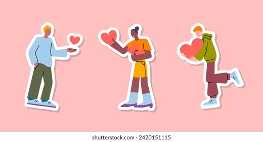 Cartoon Color Characters People Valentine Day Sticker Concept Flat Design Style. Vector illustration of Person Giving Heart