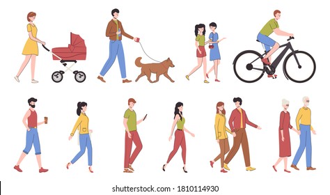 Cartoon Color Characters People Walking Set Concept Flat Design Style . Vector illustration of Walk Woman and Man