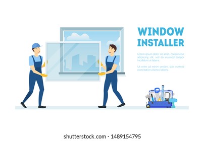 Cartoon Color Characters People with Window Installer Concept Card for Service Construction or Repair. Vector illustration