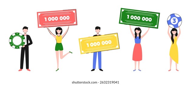 Cartoon Color Characters People with Winning Coupons Lottery and Casino Concept Flat Design Style and Line Elements. Vector illustration