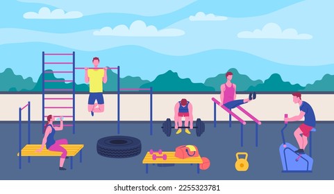 Cartoon Color Characters People and Workout Park Outdoor Sports Exercises Concept Flat Design Style. Vector illustration