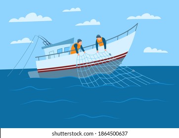 Cartoon Color Characters Person Male Fisherman on Sea Concept Flat Design Style. Vector illustration of Fishermen on a Boat