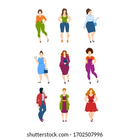 Cartoon Color Characters Person Plus Size Women Set Concept Flat Design. Vector illustration of Beautiful Happy Girl