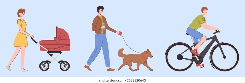 Cartoon Color Characters Person Walking with Prams and Dog Set Concept Flat Design Style . Vector illustration of Outdoor Walk