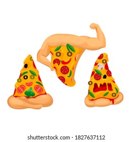 Cartoon Color Characters Pizza Slices Icons Set Flat Design Style. Vector illustration of Slice or Piece