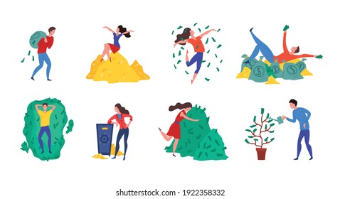 Cartoon Color Characters Rich People and Wealth Concept Set Flat Design Style. Vector illustration of Money Pile