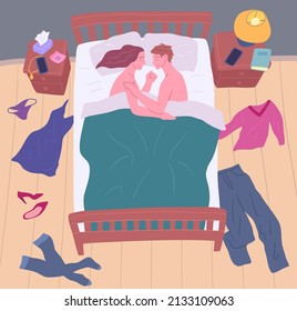 Cartoon Color Characters Romantic Couple in Bed Romantic Relationship Concept Flat Design Style Top View. Vector illustration