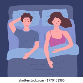 Cartoon Color Characters Sleepless Man and Woman in Bed Concept Flat Design Style. Vector illustration of Insomnia