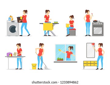 Cartoon Color Characters Woman Housewife Set Cooking, Cleaning and Ironing Concept Element Flat Design Style. Vector illustration