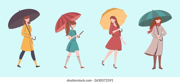 Cartoon Color Characters Women Holding Umbrella Set Rainy Weather Concept Flat Design Style with Lineart Elements. Vector illustration