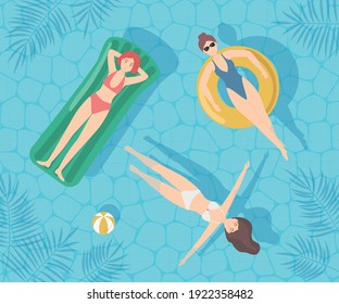 Cartoon Color Characters Women Swimming in Pool Top View Summer Holiday Concept Flat Design Style. Vector illustration