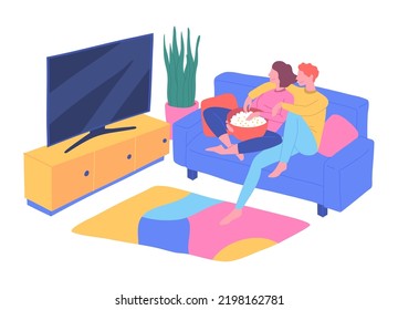 Caracteres De Color De Caricatura Persona Joven Pareja Mirando El Concepto De Tv Estilo Plano. Imagen vectorial de hombre y mujer sentados juntos en televisión de relojes de sofá