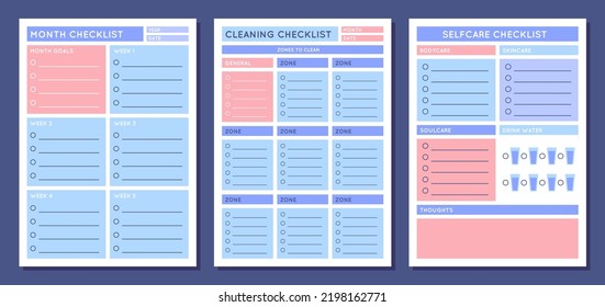 Cartoon Color Checklist Planners Schedule Template Layout Concept Set. Vector illustration of Cleaning and Self Care List