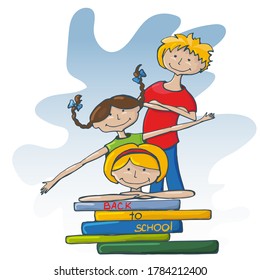 Cartoon color children with books. Vector illustration