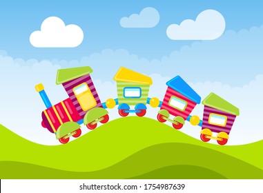 Cartoon color children's train with wagons. Cartoon train on a background of natural landscape. Vector illustration.