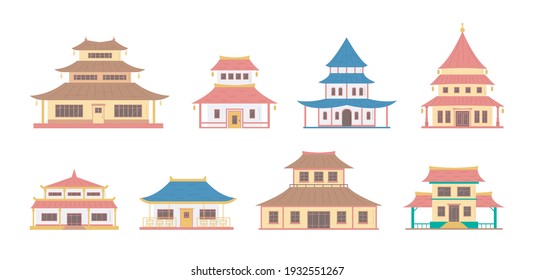 Cartoon Color China House Object Icon Set Traditional Oriental Architecture Concept Flat Design Style. Vector Illustration