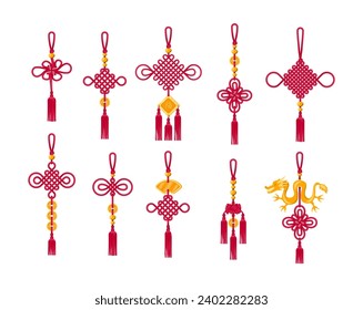 Cartoon Color Chinese Tassels Traditional Set Celebration Concept Flat Design Style Chinese Characters mean Happy. Vector illustration of Red Asian Knot