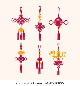 Cartoon Color Chinese Tassels Traditional Set Concept Flat Design Style Chinese Characters mean Happy. Vector illustration of Red Asian Knot with Gold Elements